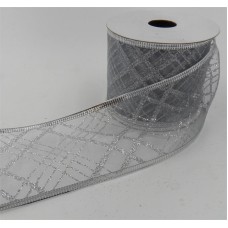 2.5 Inch Wired Christmas Ribbon with Silver Metallic Crisscross Strip on Silver Organga, 2-1/2 In. X 10 Yds (Lot of 1 Spool) SALE ITEM